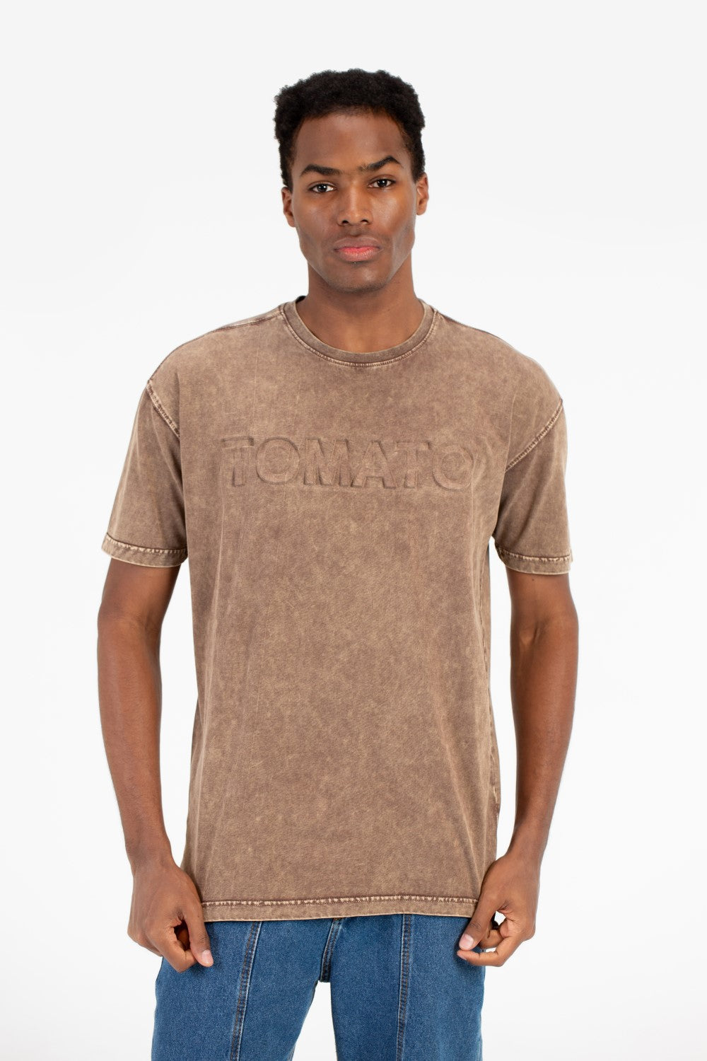 تي شيرت رجالي كبير الحجم بأكمام نصفية مغسول بالطماطم