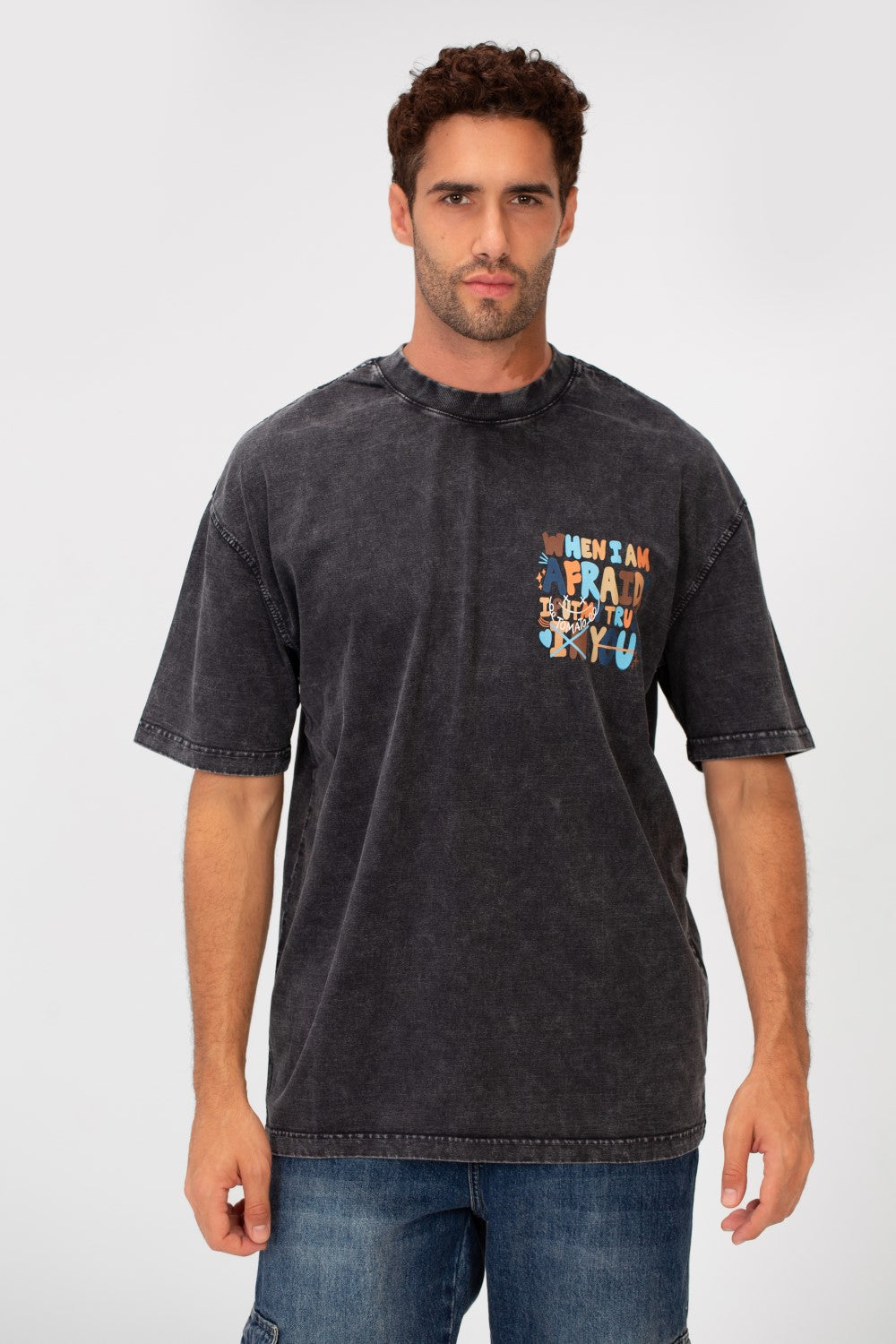 Men's Washed Text Print Oversized Round Neck Half Sleeves T-shirt