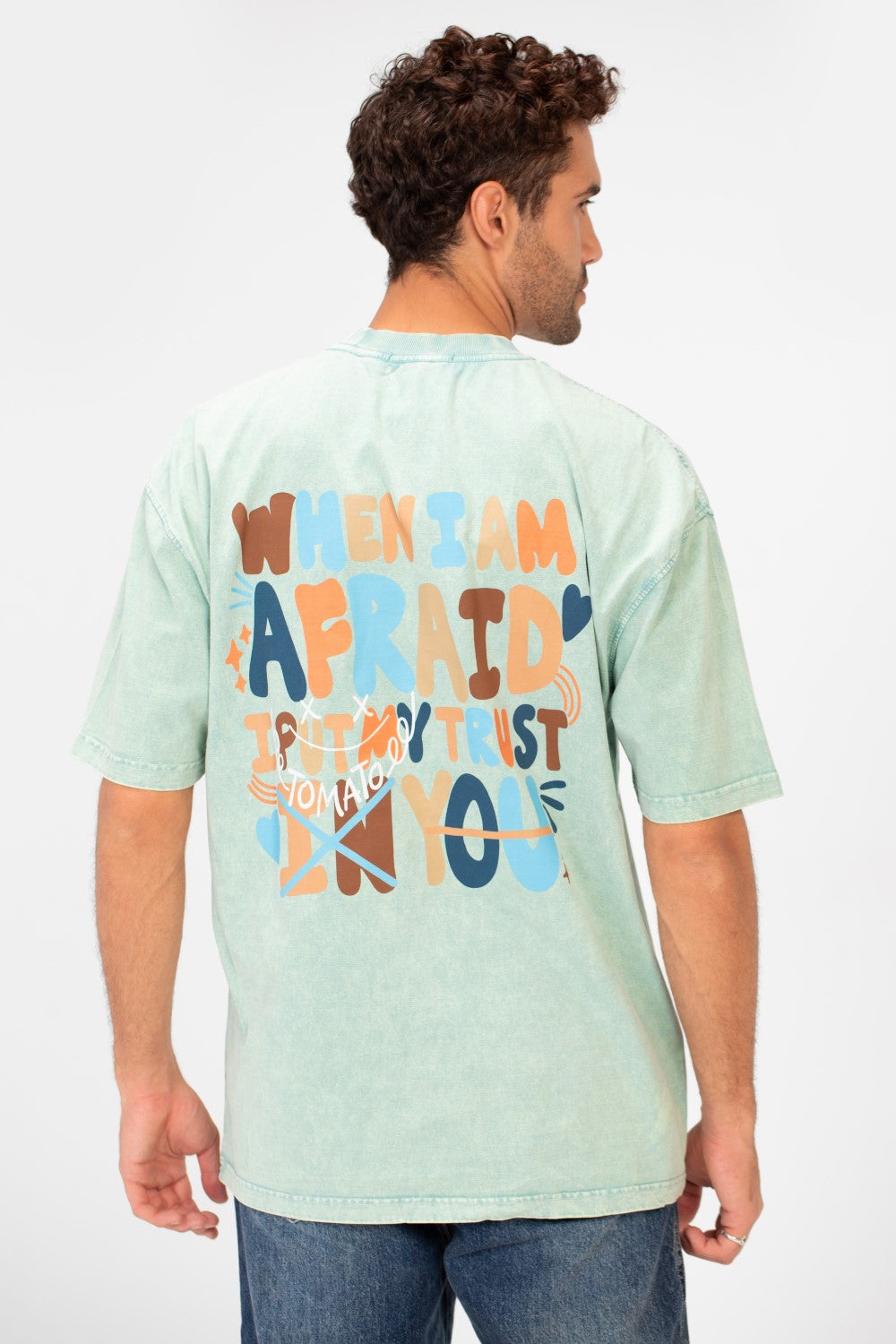 Men's Washed Text Print Oversized Round Neck Half Sleeves T-shirt