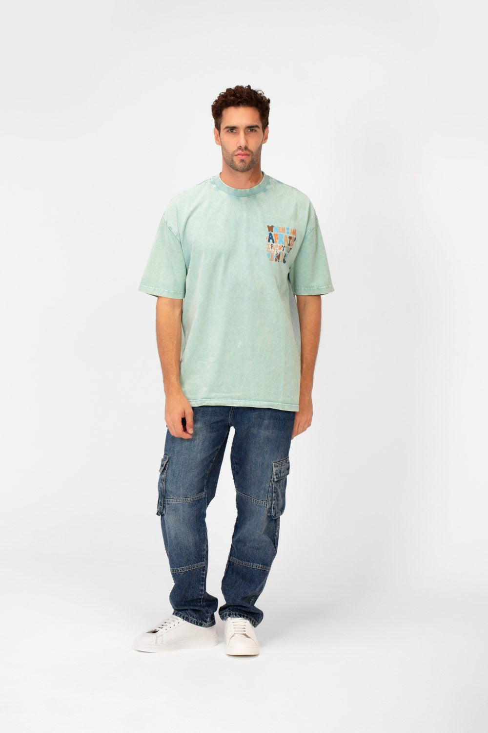 Men's Washed Text Print Oversized Round Neck Half Sleeves T-shirt