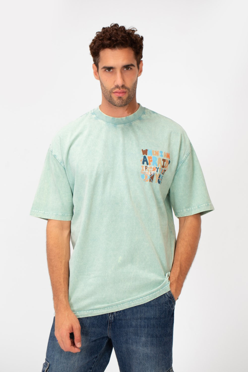 Men's Washed Text Print Oversized Round Neck Half Sleeves T-shirt