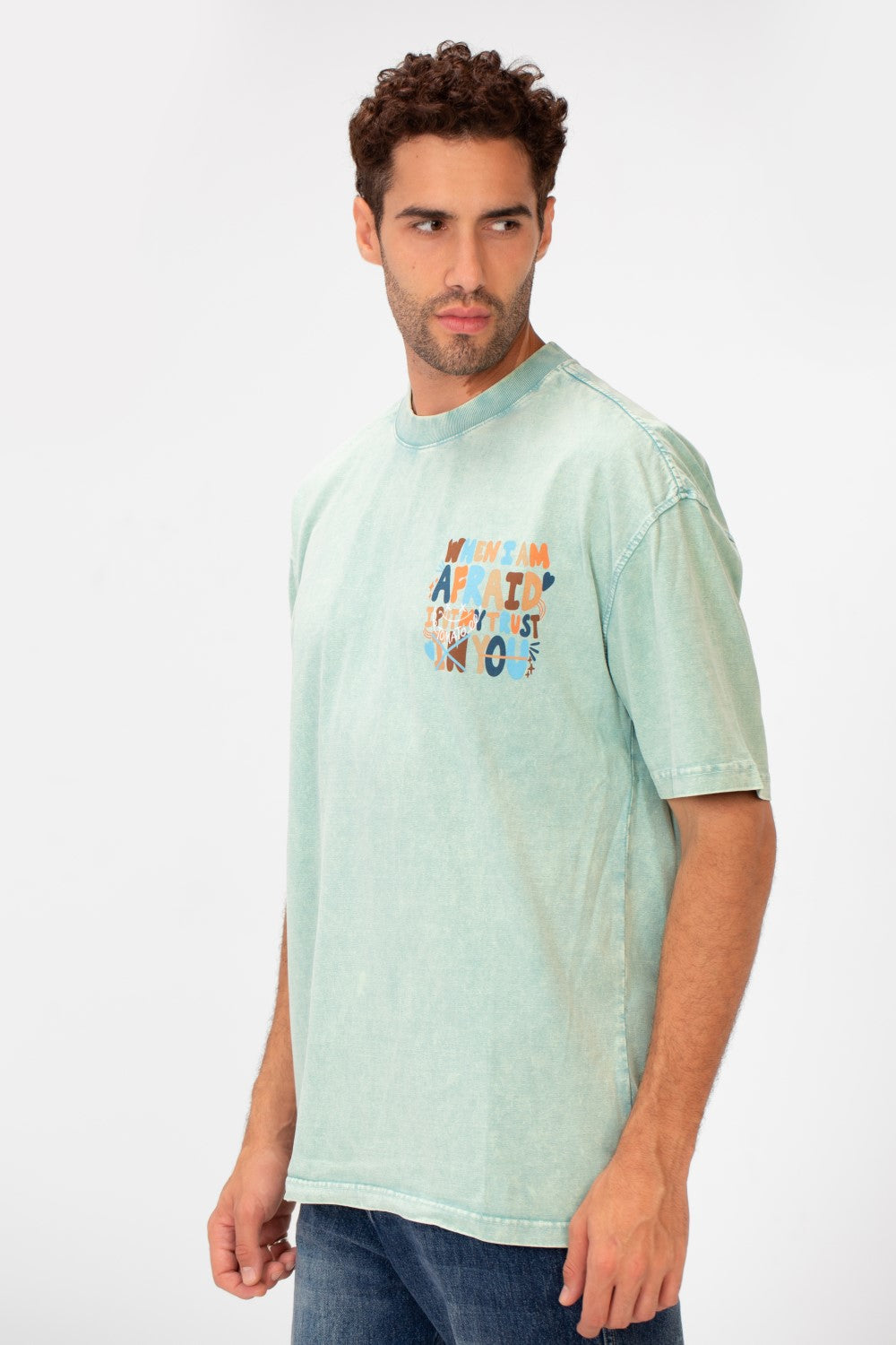 Men's Washed Text Print Oversized Round Neck Half Sleeves T-shirt