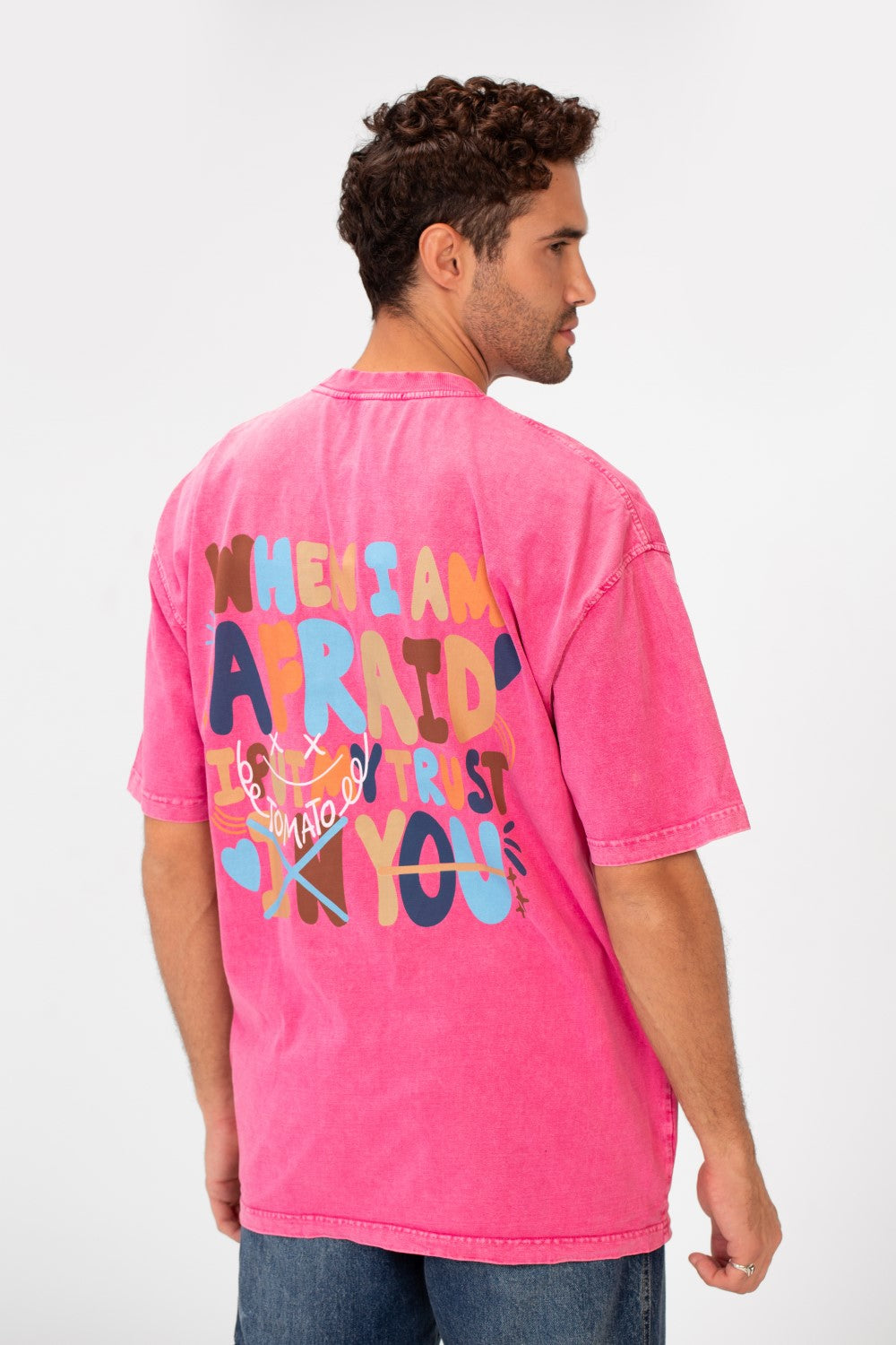 Men's Washed Text Print Oversized Round Neck Half Sleeves T-shirt