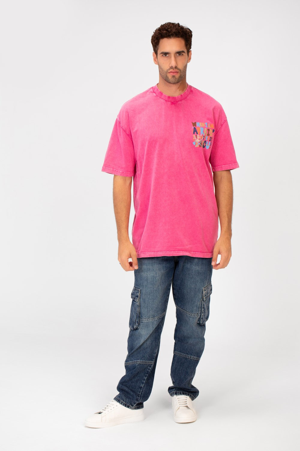 Men's Washed Text Print Oversized Round Neck Half Sleeves T-shirt