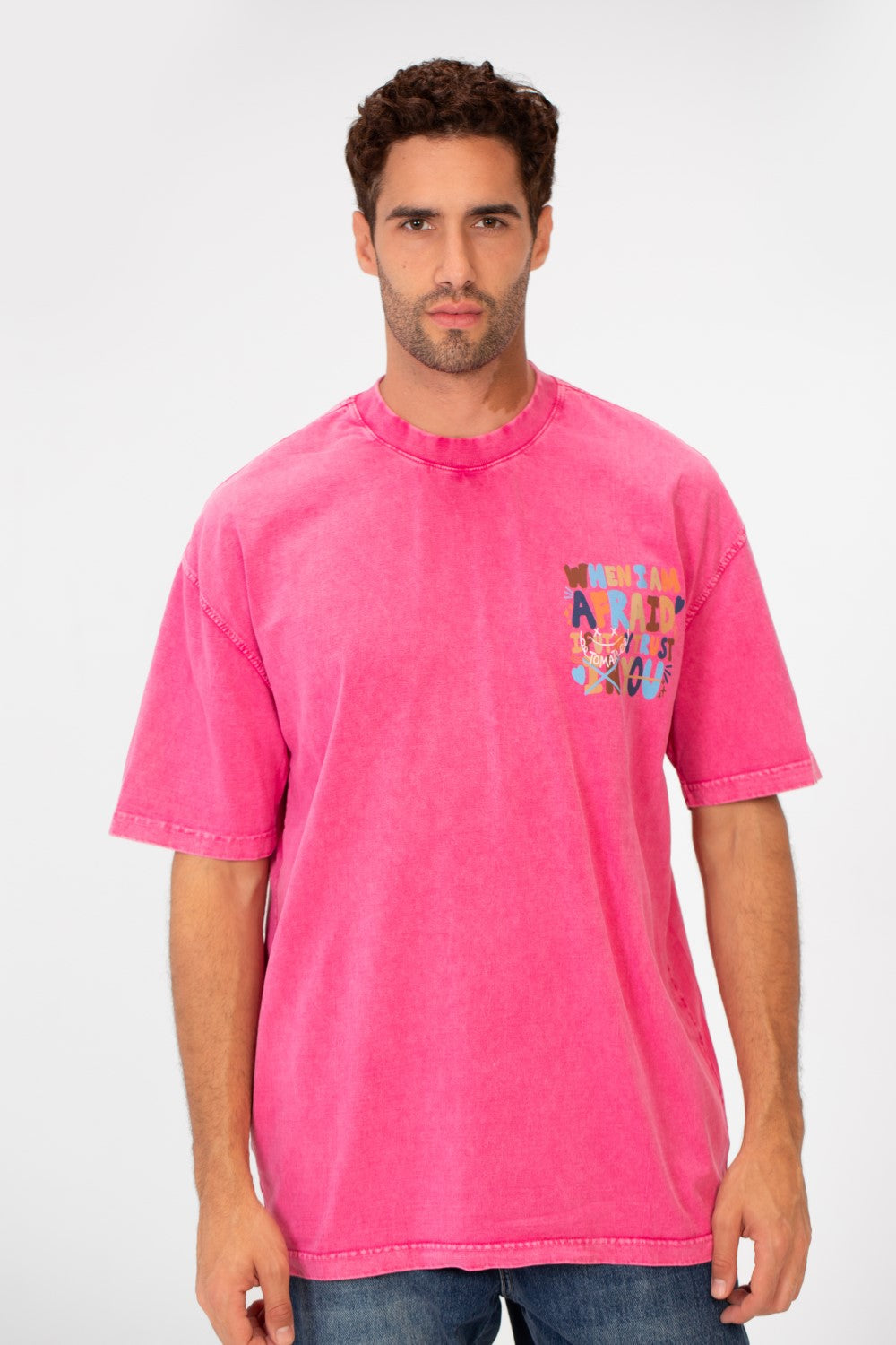 Men's Washed Text Print Oversized Round Neck Half Sleeves T-shirt