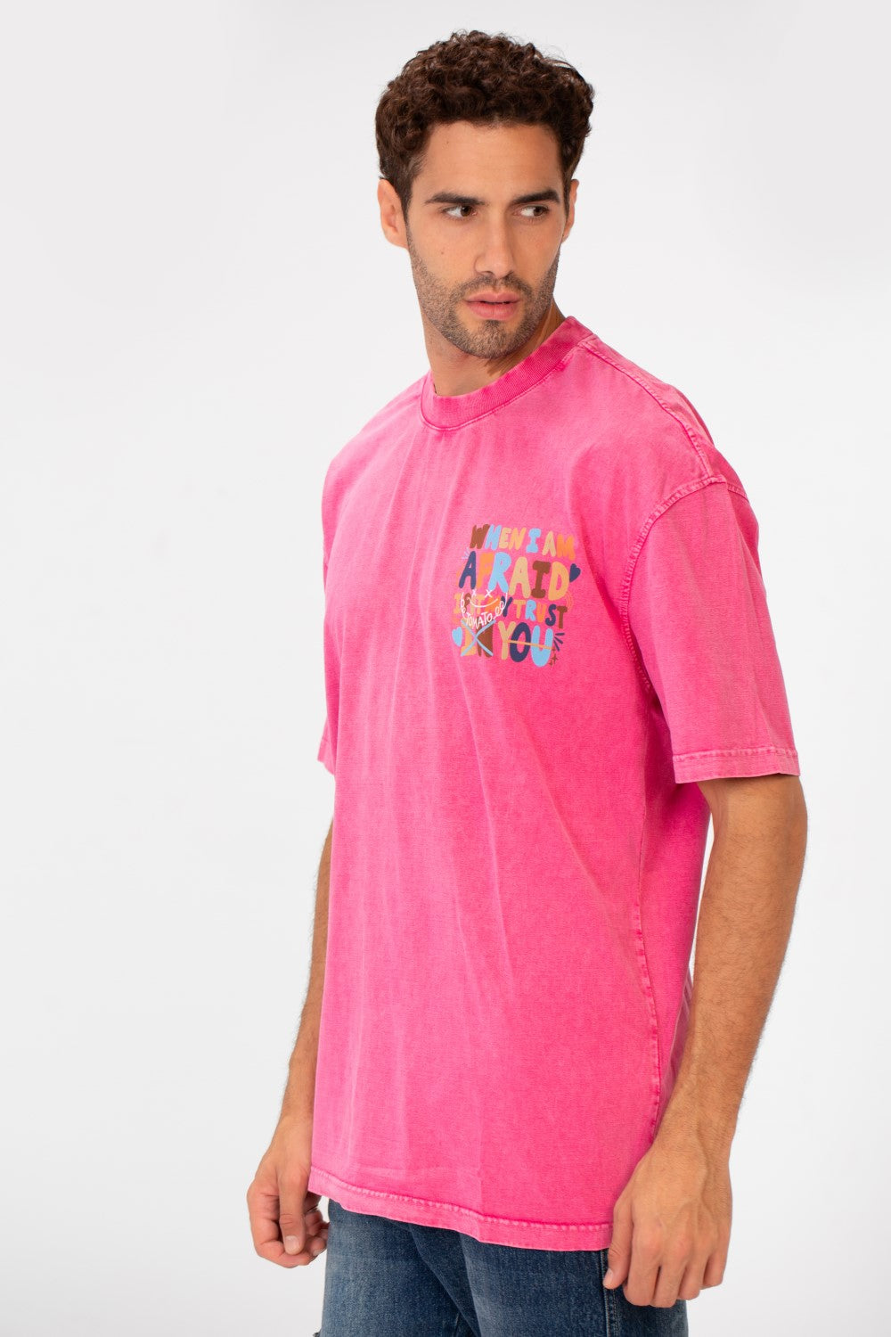 Men's Washed Text Print Oversized Round Neck Half Sleeves T-shirt