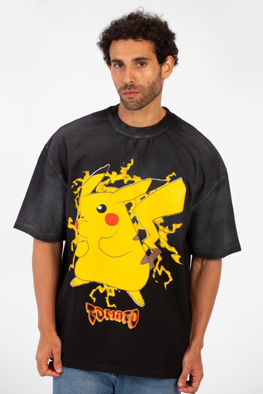 Men's Tomato Oversized Pikachu Print Short Sleeve Crew Neck T-Shirt