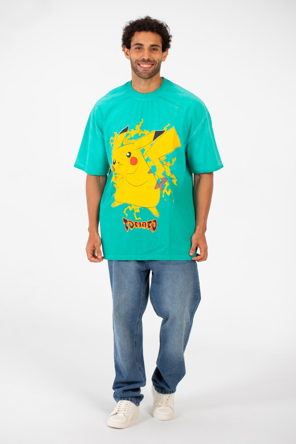 Men's Tomato Oversized Pikachu Print Short Sleeve Crew Neck T-Shirt