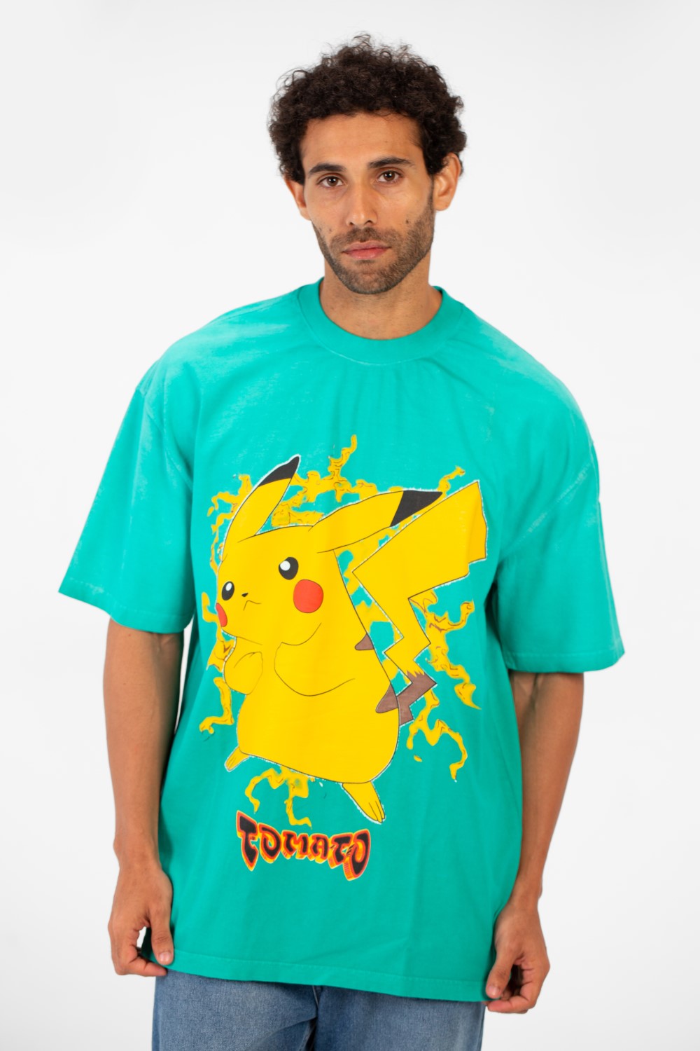 Men's Tomato Oversized Pikachu Print Short Sleeve Crew Neck T-Shirt