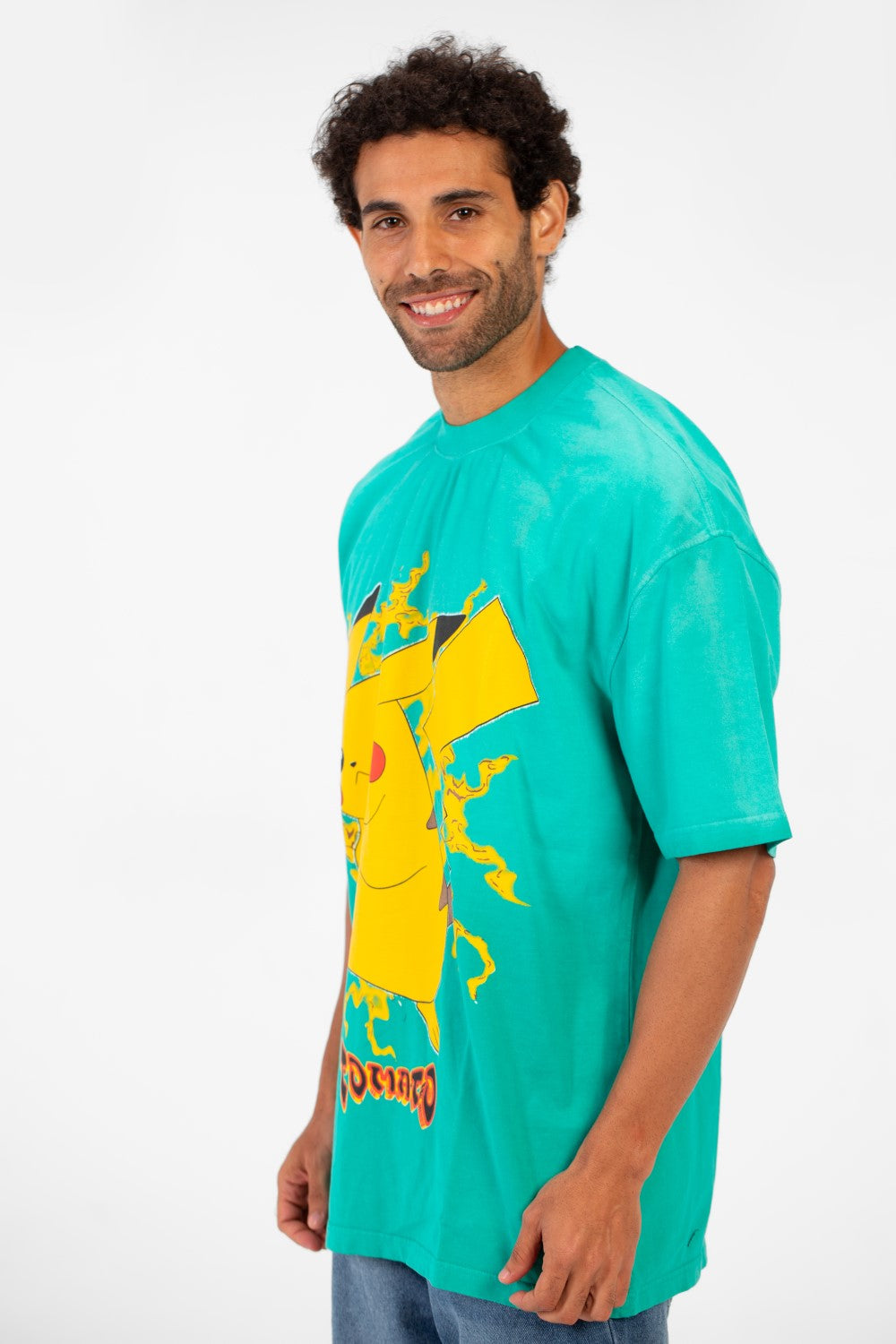 Men's Tomato Oversized Pikachu Print Short Sleeve Crew Neck T-Shirt