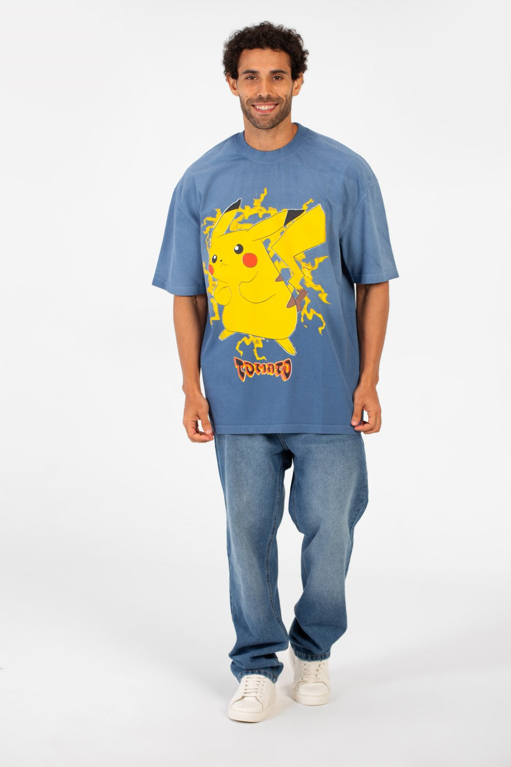 Men's Tomato Oversized Pikachu Print Short Sleeve Crew Neck T-Shirt