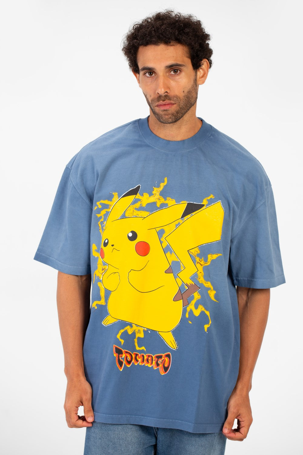 Men's Tomato Oversized Pikachu Print Short Sleeve Crew Neck T-Shirt