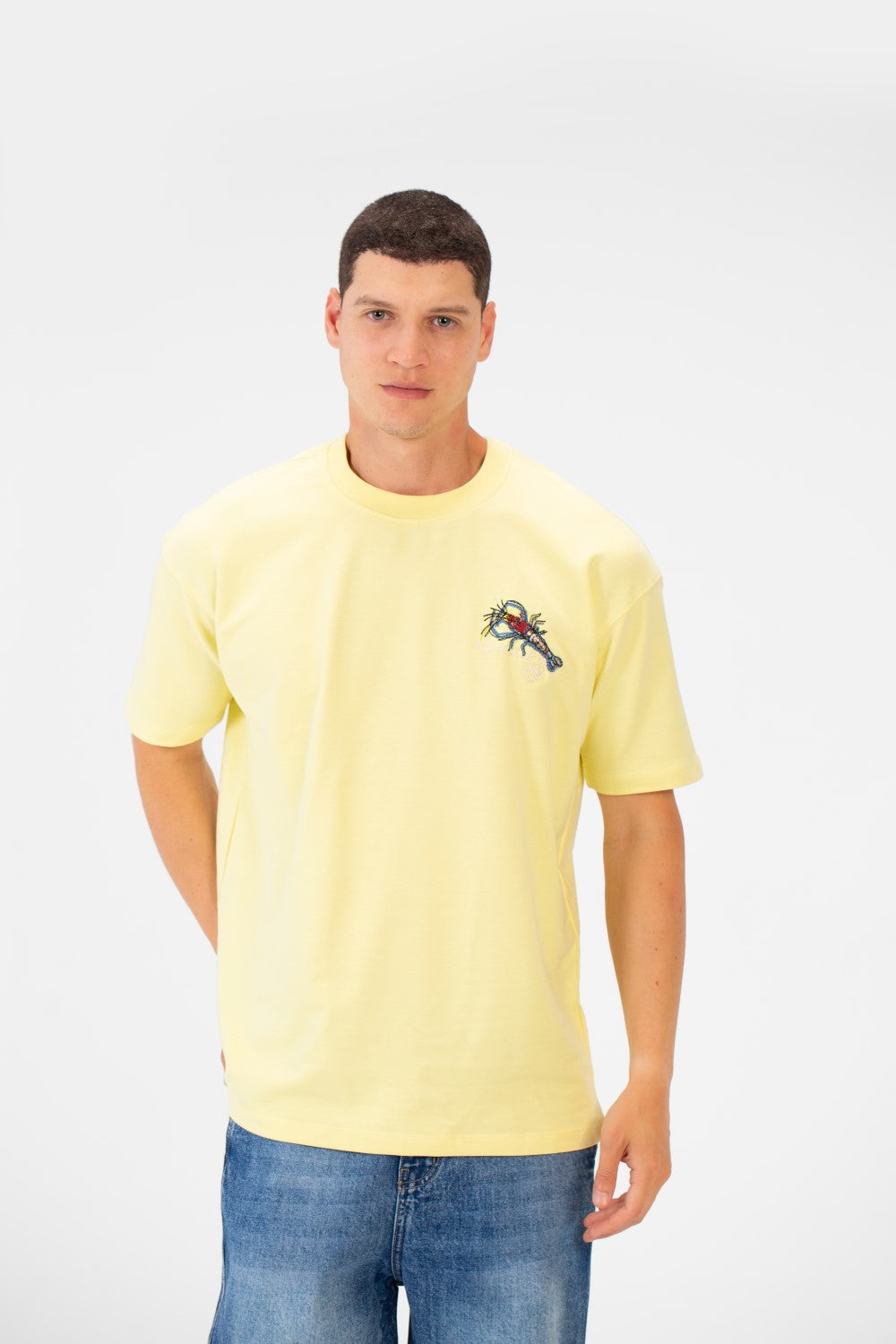 تي شيرت رجالي بقصّة عادية ورقبة دائرية وأكمام قصيرة ومطبوع من الأمام والخلف