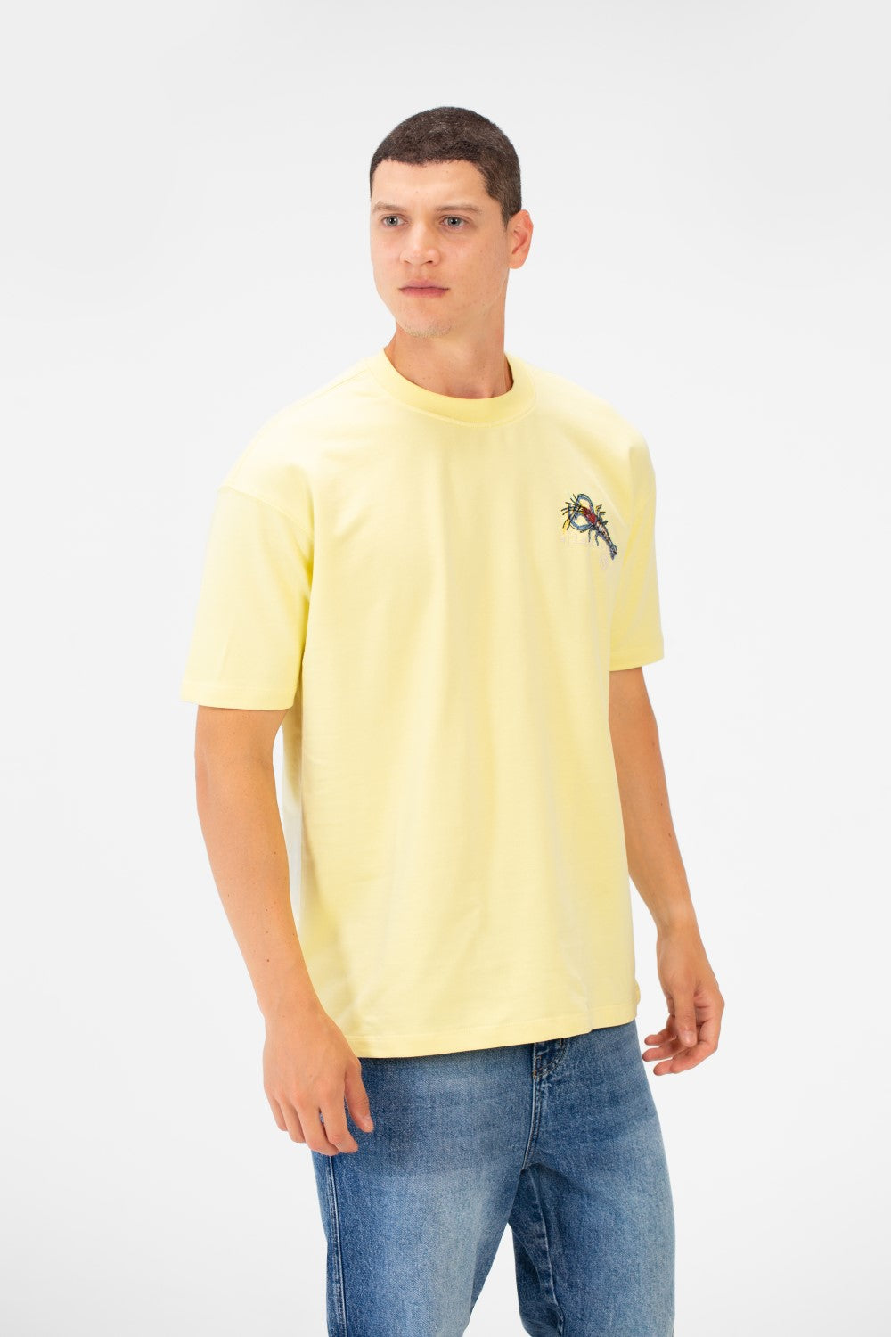 تي شيرت رجالي بقصّة عادية ورقبة دائرية وأكمام قصيرة ومطبوع من الأمام والخلف