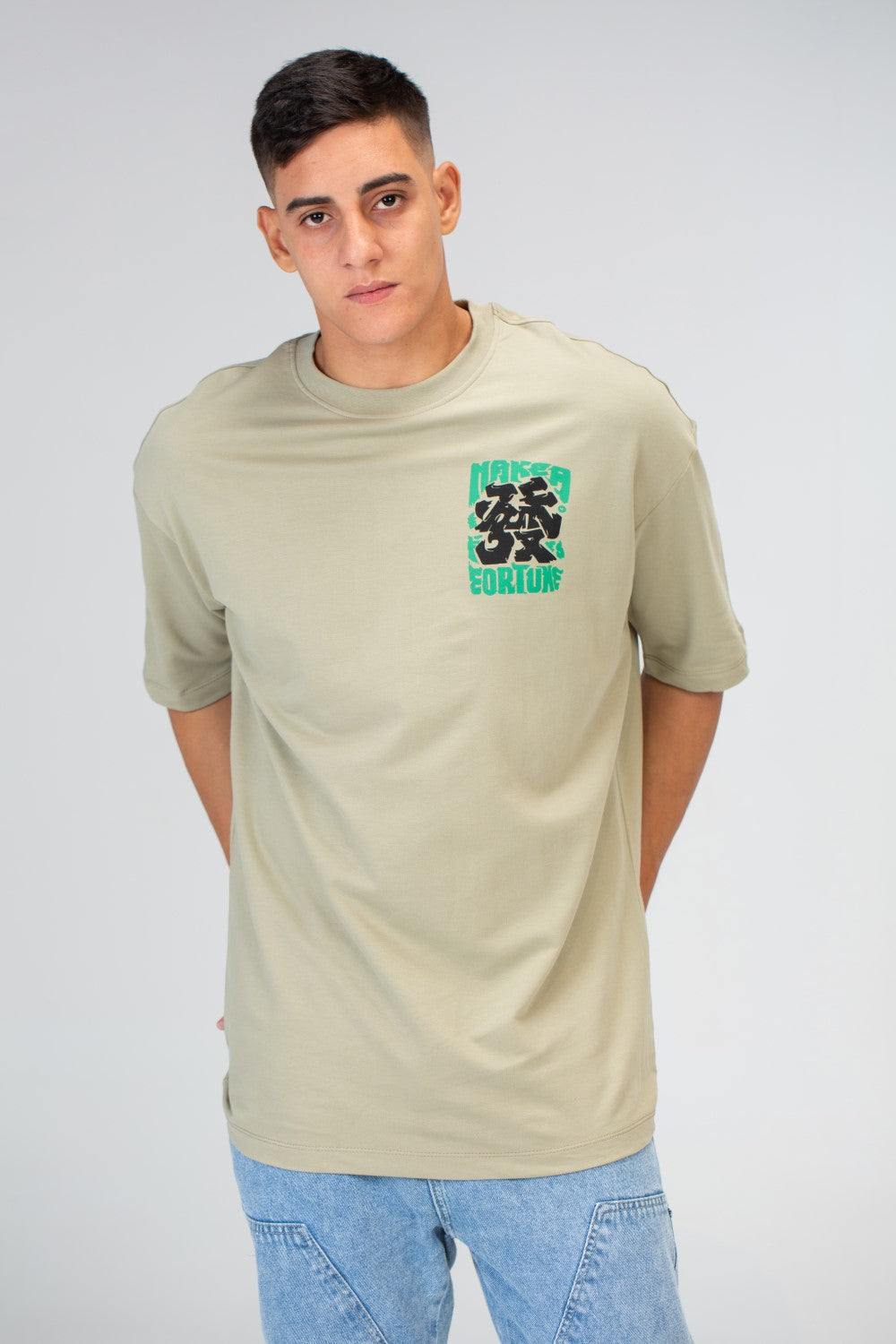 Mens Oversize Half Sleeve T-shirt With A Round Neck And A Print On The Front And Back
