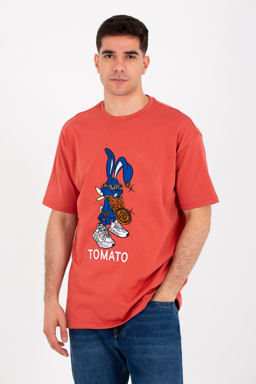 Mens Oversize Round T-shirt With Tomato Print On The Front