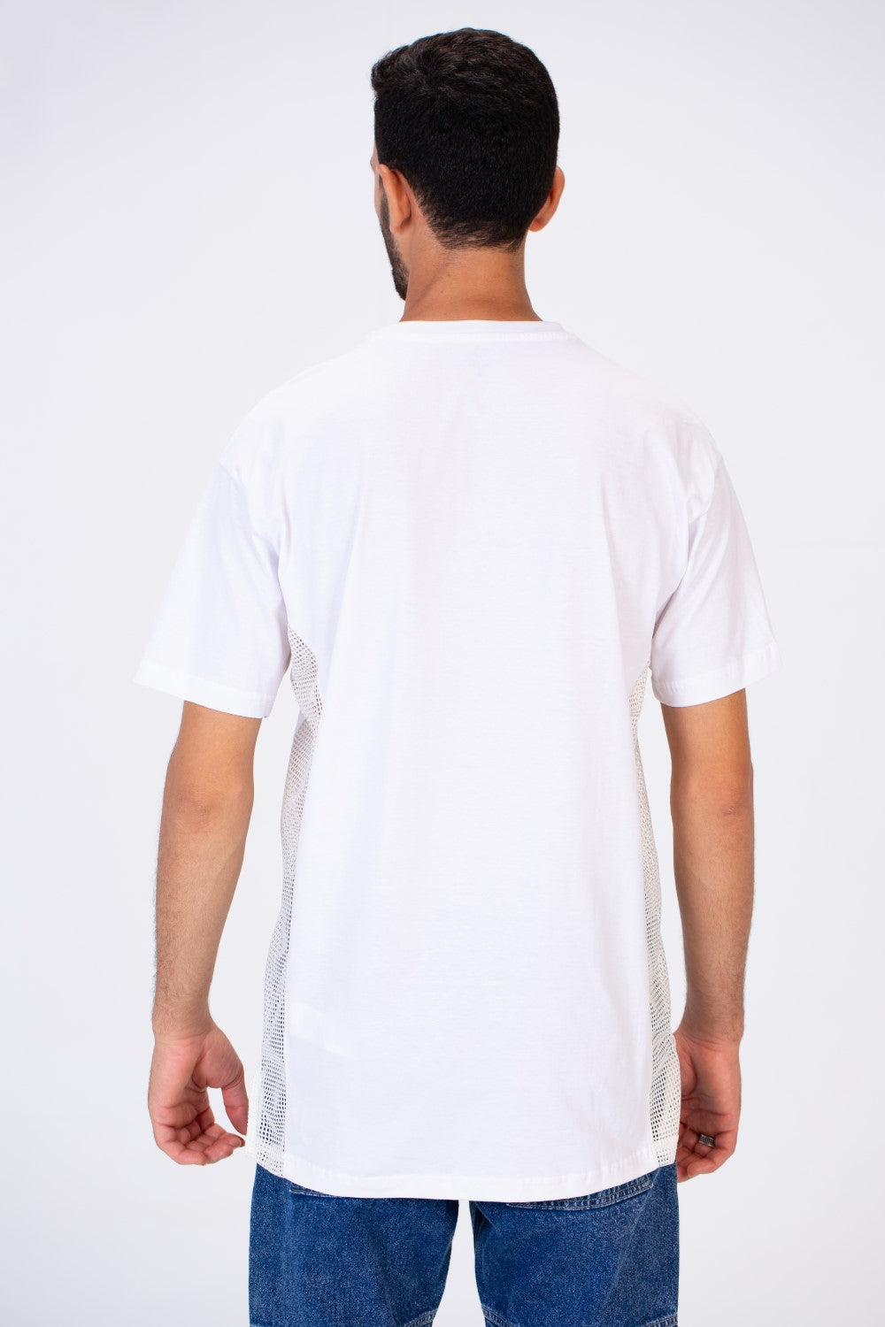 تي شيرت رجالي دائري كبير الحجم مطبوع أساسي شفاف من الجانبين بقصّة عصرية