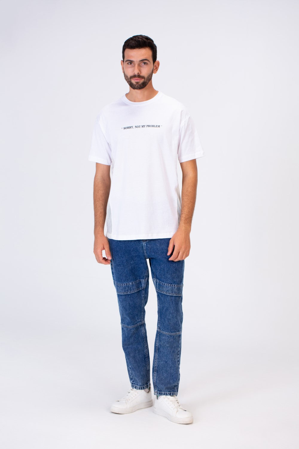 تي شيرت رجالي دائري كبير الحجم مطبوع أساسي شفاف من الجانبين بقصّة عصرية