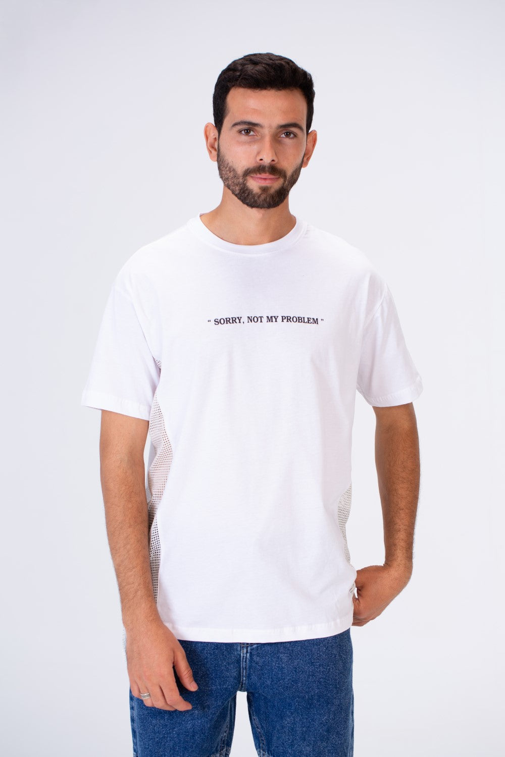 تي شيرت رجالي دائري كبير الحجم مطبوع أساسي شفاف من الجانبين بقصّة عصرية