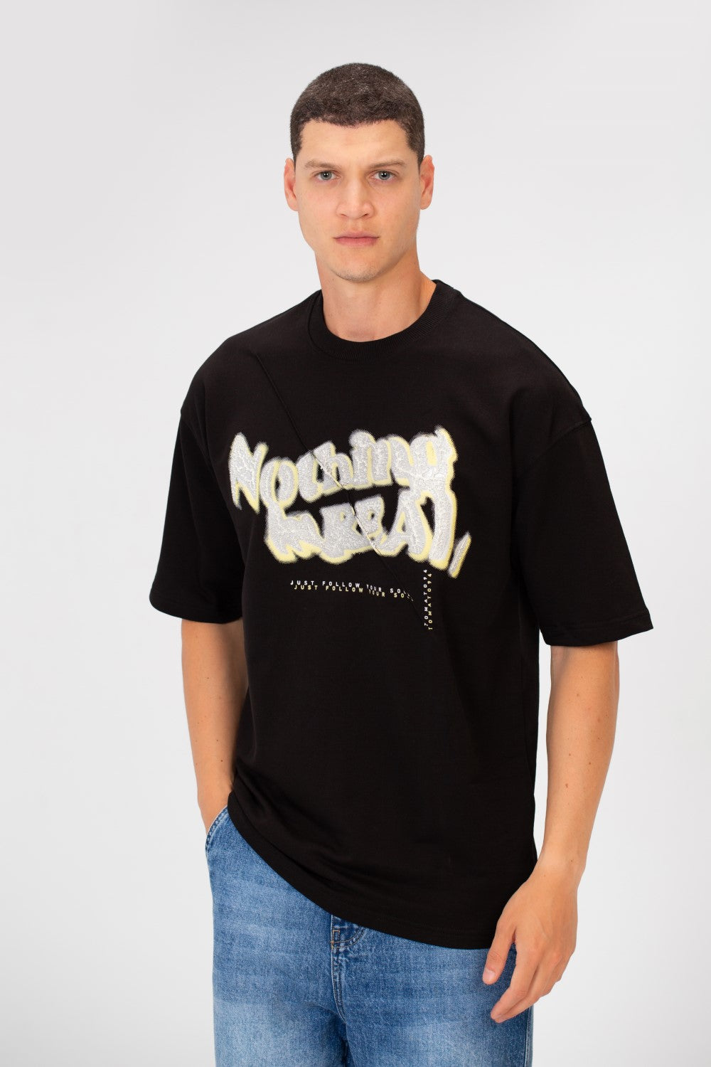 Men's Oversized Round Neck Short Sleeves Front Text Print Melton T-shirt