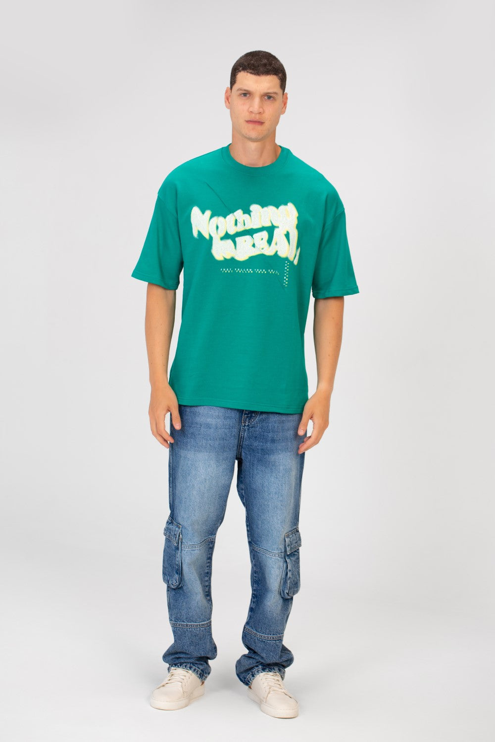 Men's Oversized Round Neck Short Sleeves Front Text Print Melton T-shirt