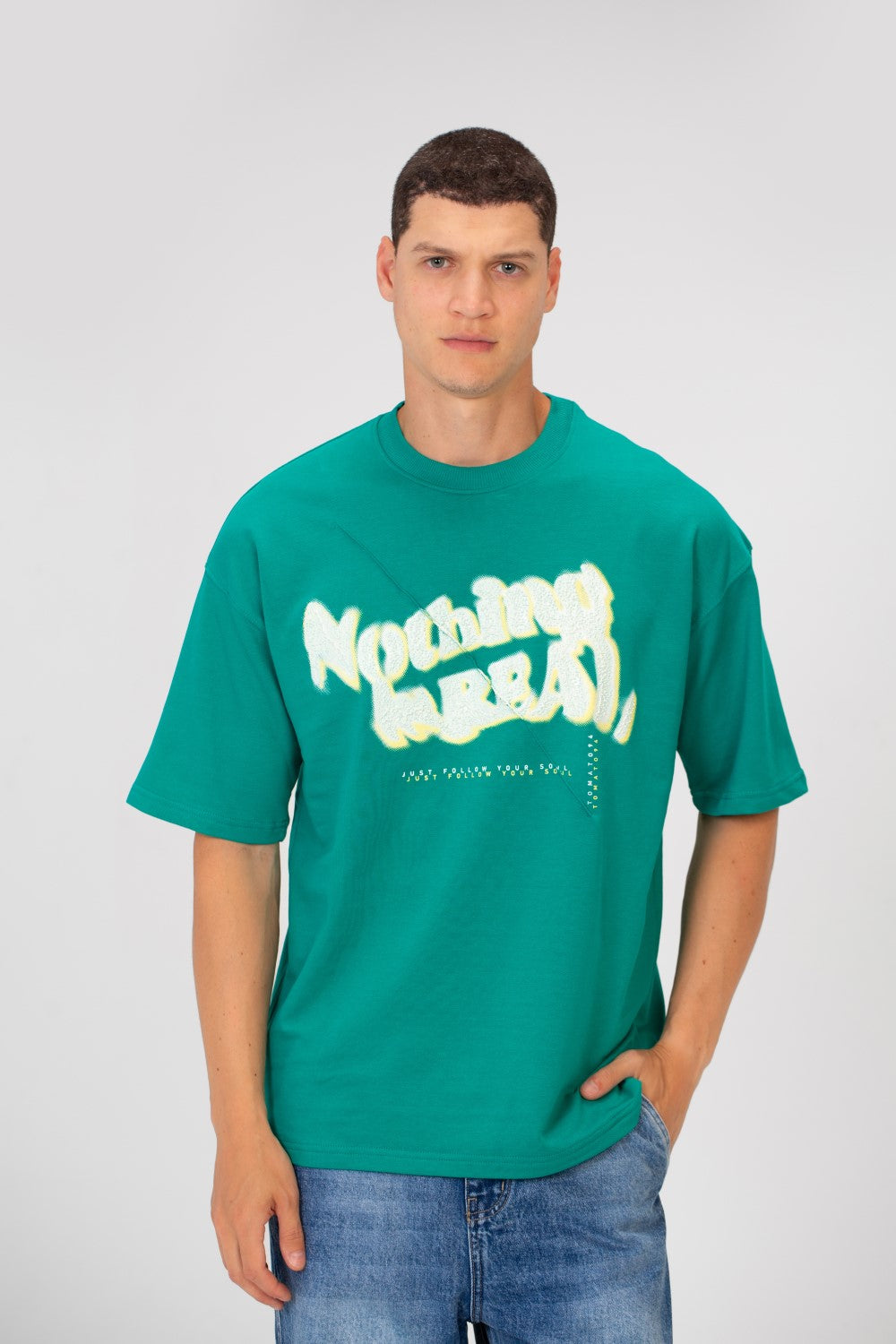 Men's Oversized Round Neck Short Sleeves Front Text Print Melton T-shirt