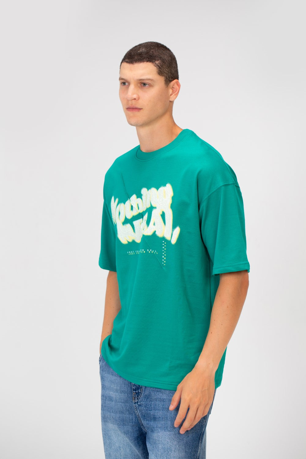 Men's Oversized Round Neck Short Sleeves Front Text Print Melton T-shirt