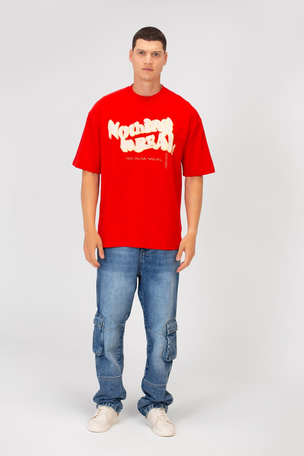 Men's Oversized Round Neck Short Sleeves Front Text Print Melton T-shirt