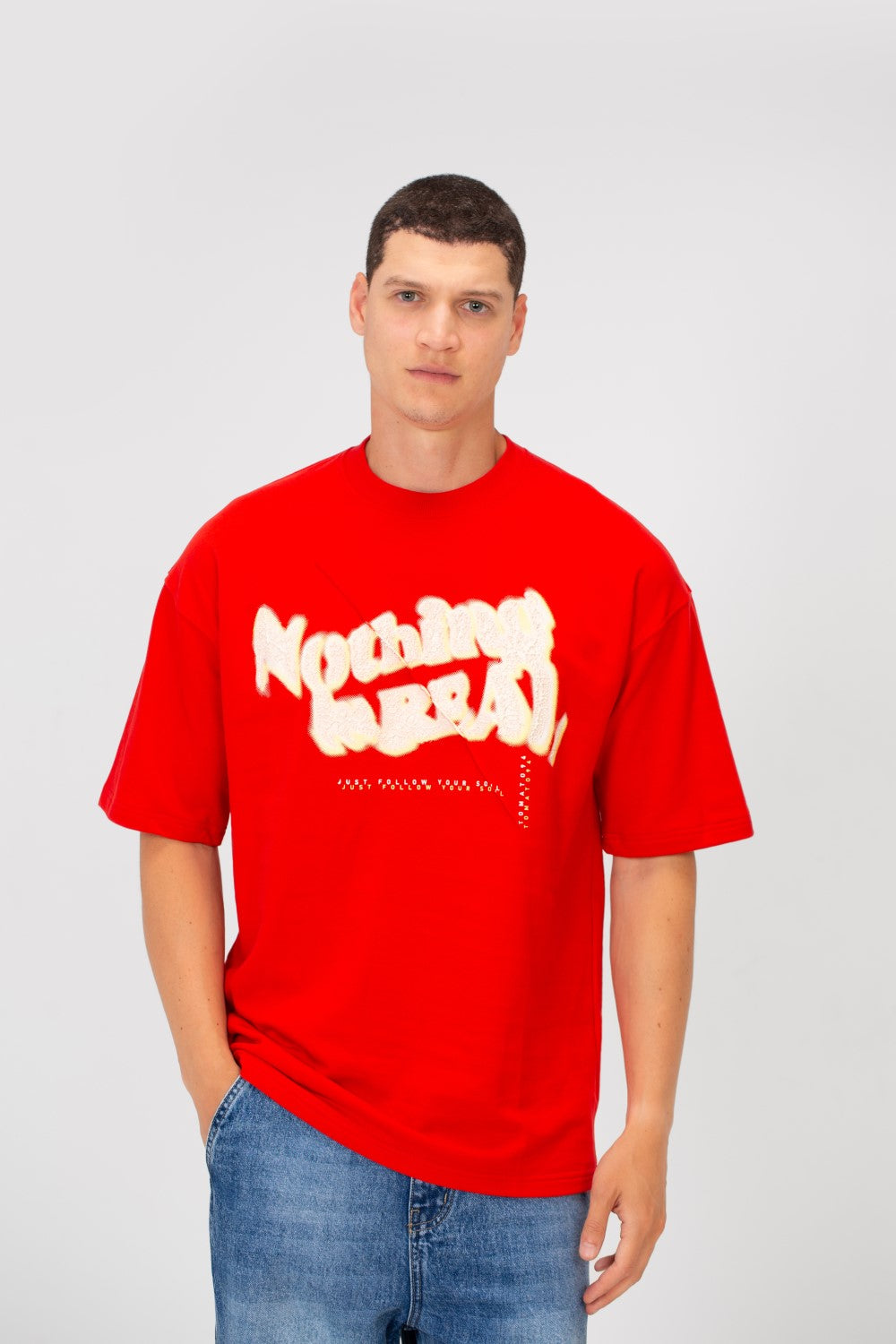 Men's Oversized Round Neck Short Sleeves Front Text Print Melton T-shirt