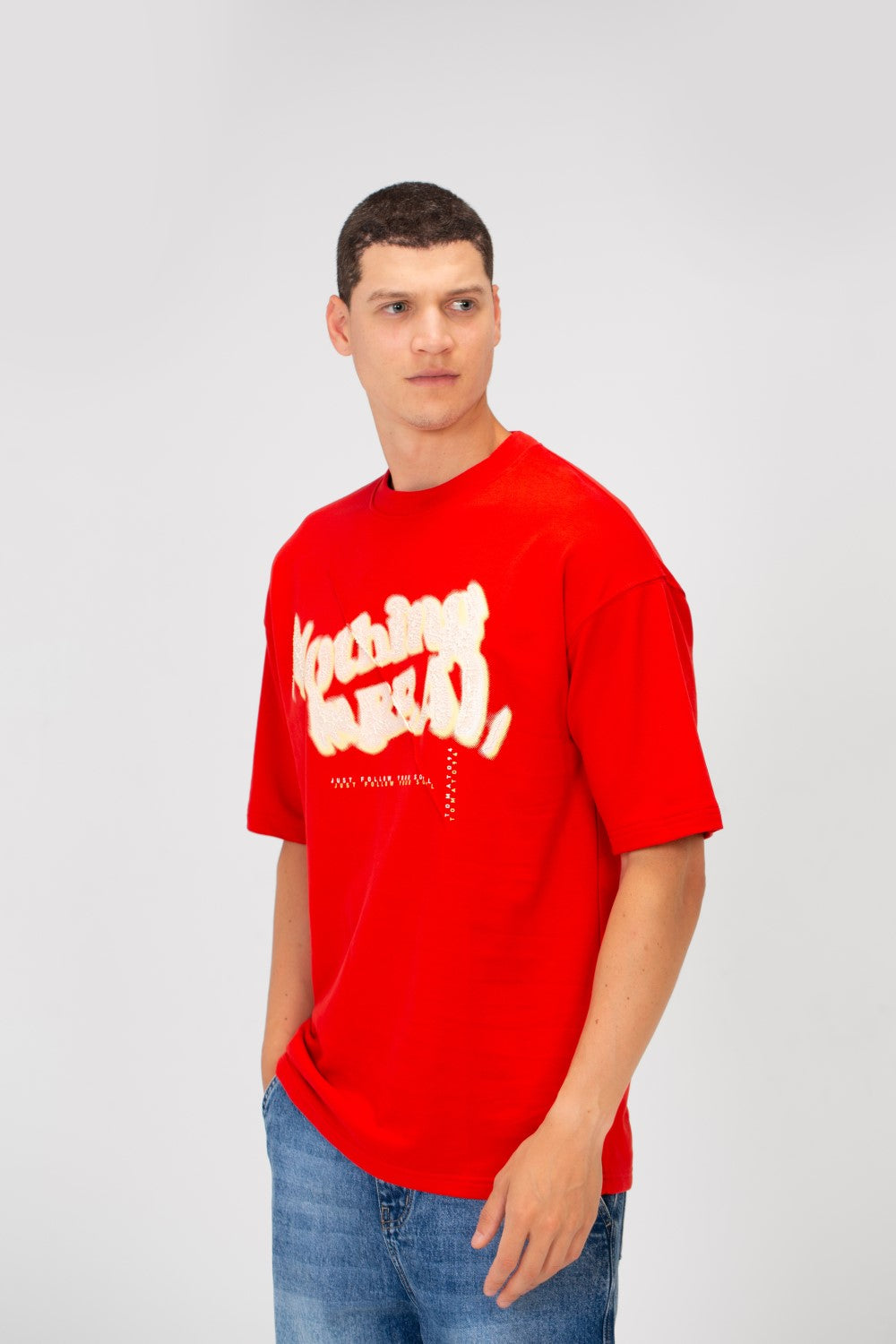 Men's Oversized Round Neck Short Sleeves Front Text Print Melton T-shirt