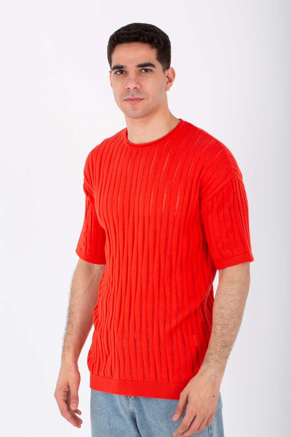 Mens Slim Fit Short Sleeves Trico T-shirt With Round Neck And A Unique Cut