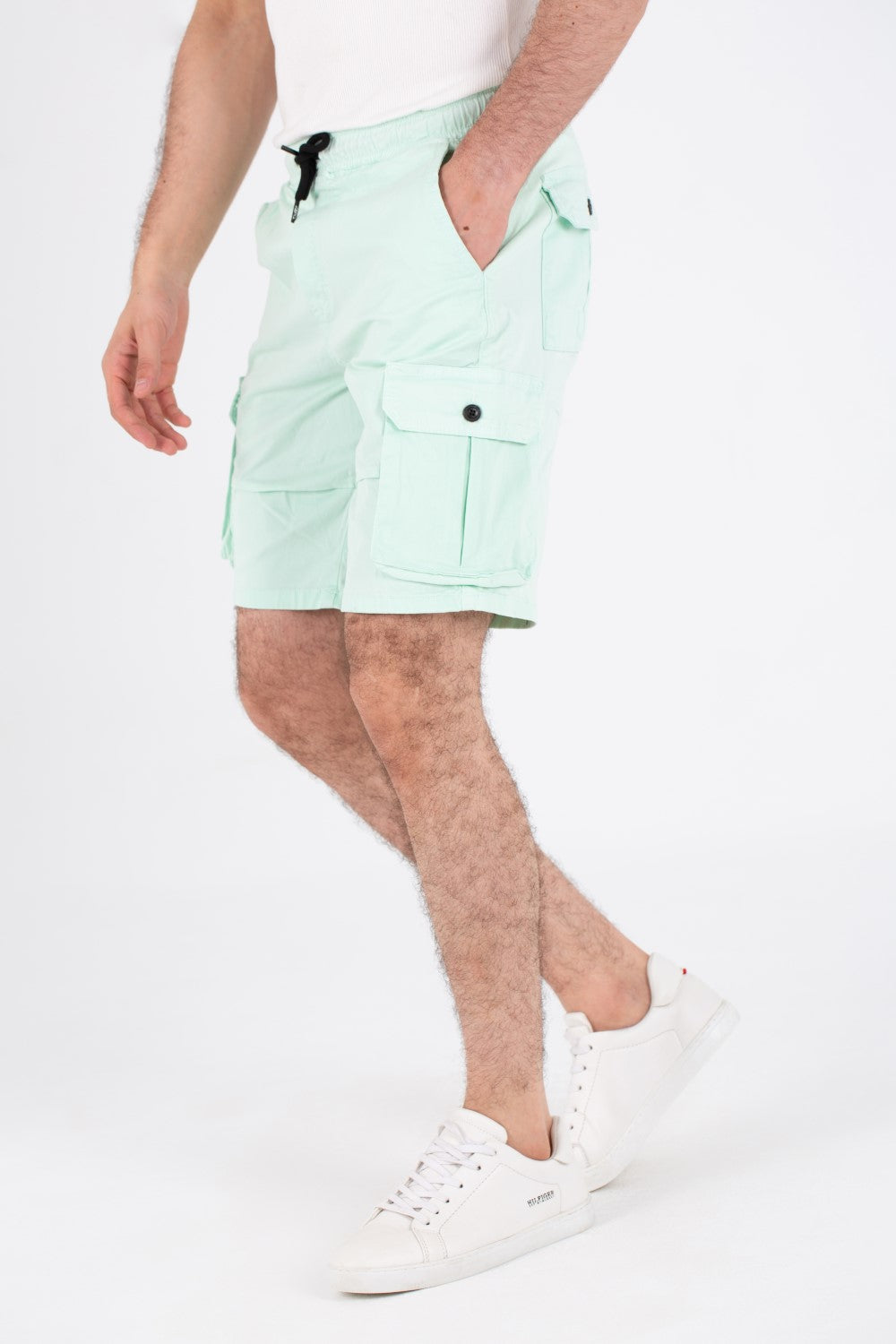 Mens Gabardine Shorts With Elastic Waistband And Modern Side Pockets