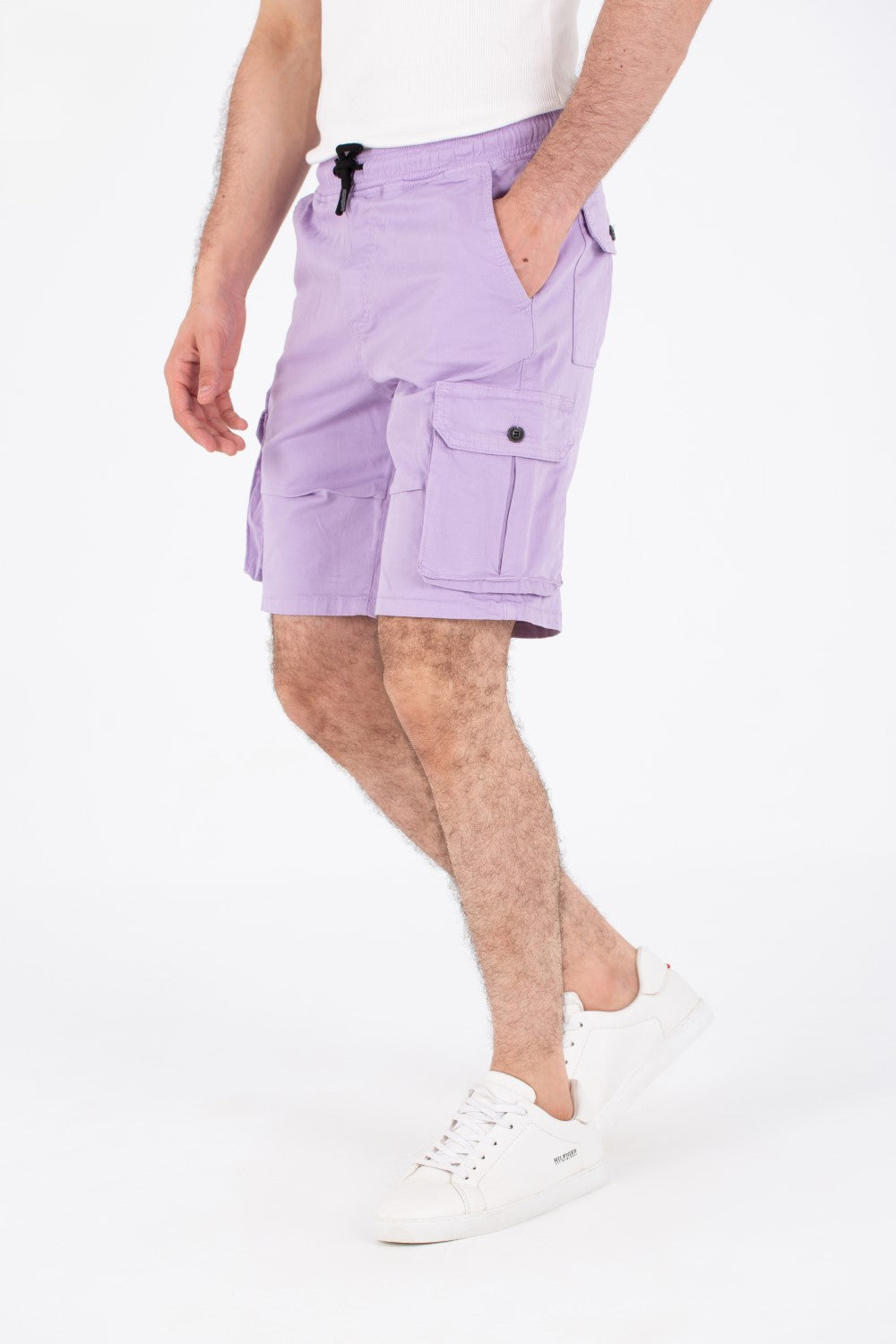 Mens Gabardine Shorts With Elastic Waistband And Modern Side Pockets