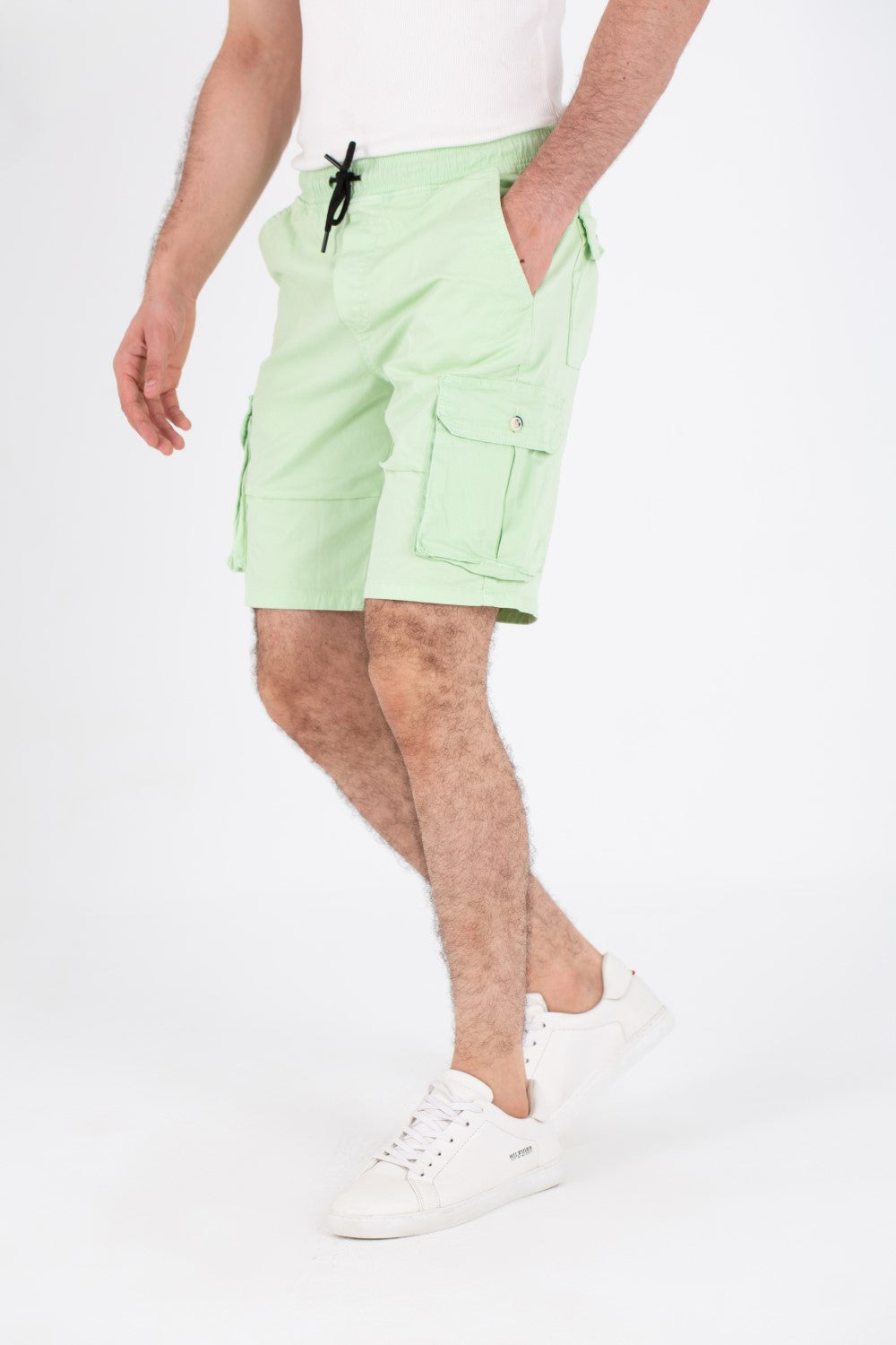 Mens Gabardine Shorts With Elastic Waistband And Modern Side Pockets