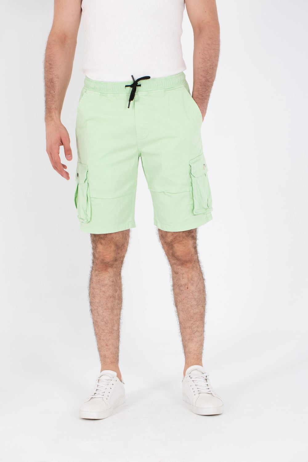 Mens Gabardine Shorts With Elastic Waistband And Modern Side Pockets