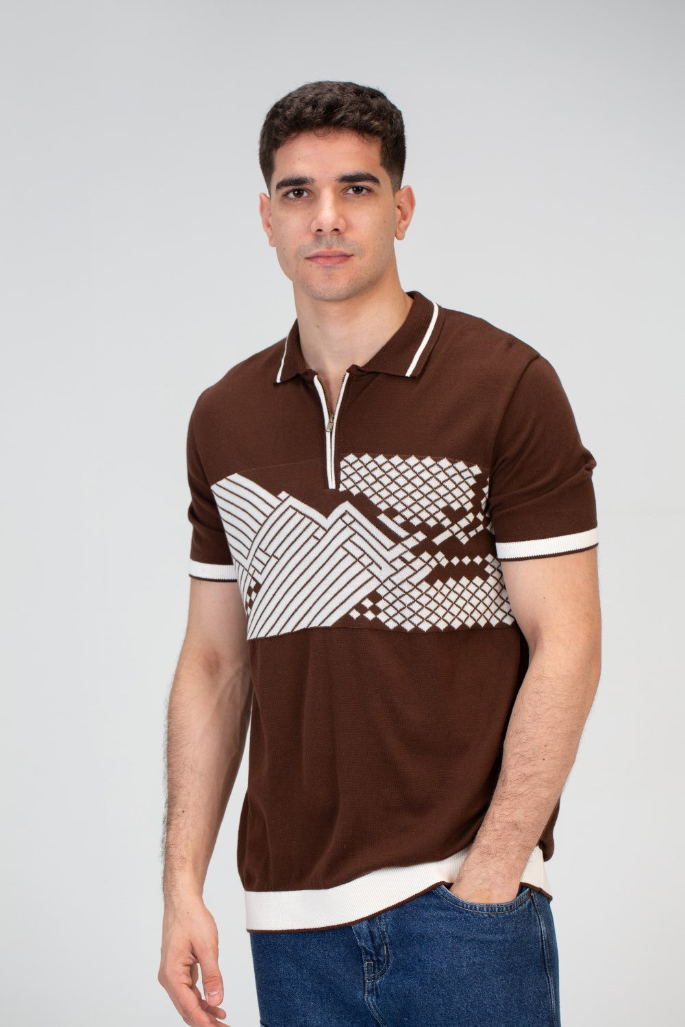 Mens Slim Fit Polo Trico T-Shirt With Zip Up Collar And Short Sleeves