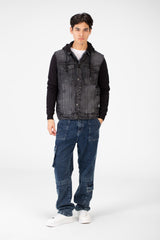 Men's Back Text Print Denim Jacket With Melton Sleeves And Hood