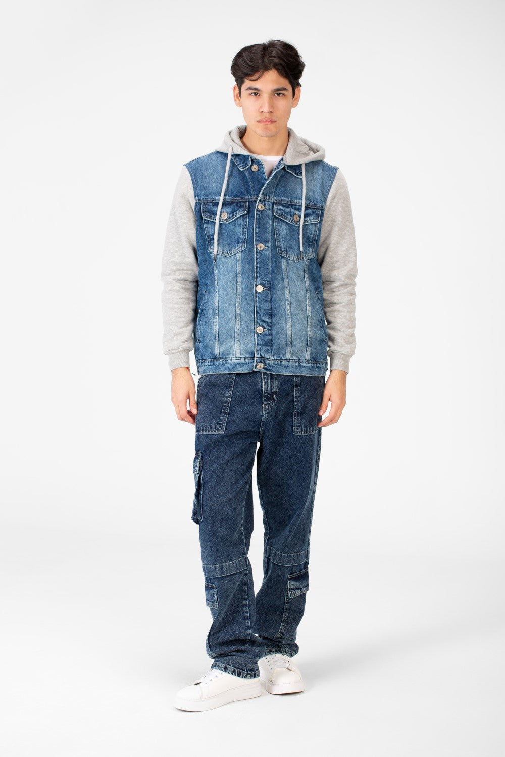 Men's Back Text Print Denim Jacket With Melton Sleeves And Hood