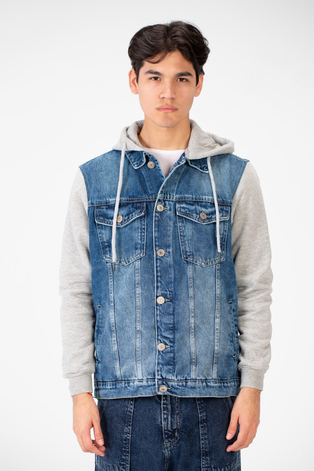 Men's Back Text Print Denim Jacket With Melton Sleeves And Hood
