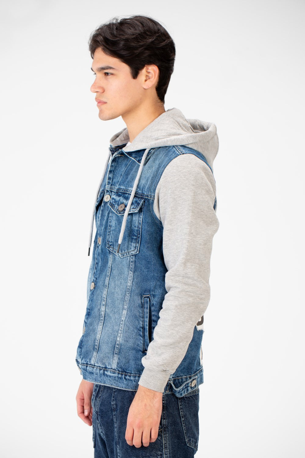 Men's Back Text Print Denim Jacket With Melton Sleeves And Hood