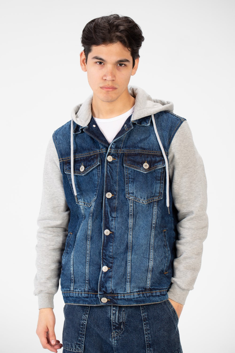 Men's Back Text Print Denim Jacket With Melton Sleeves And Hood