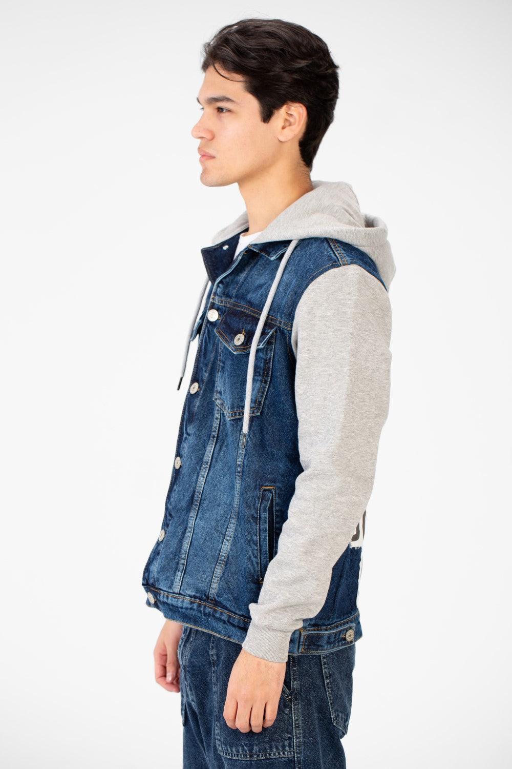 Men's Back Text Print Denim Jacket With Melton Sleeves And Hood