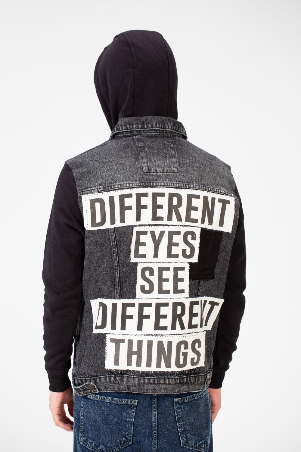 Men's Back Text Print Denim Jacket With Melton Sleeves And Hood