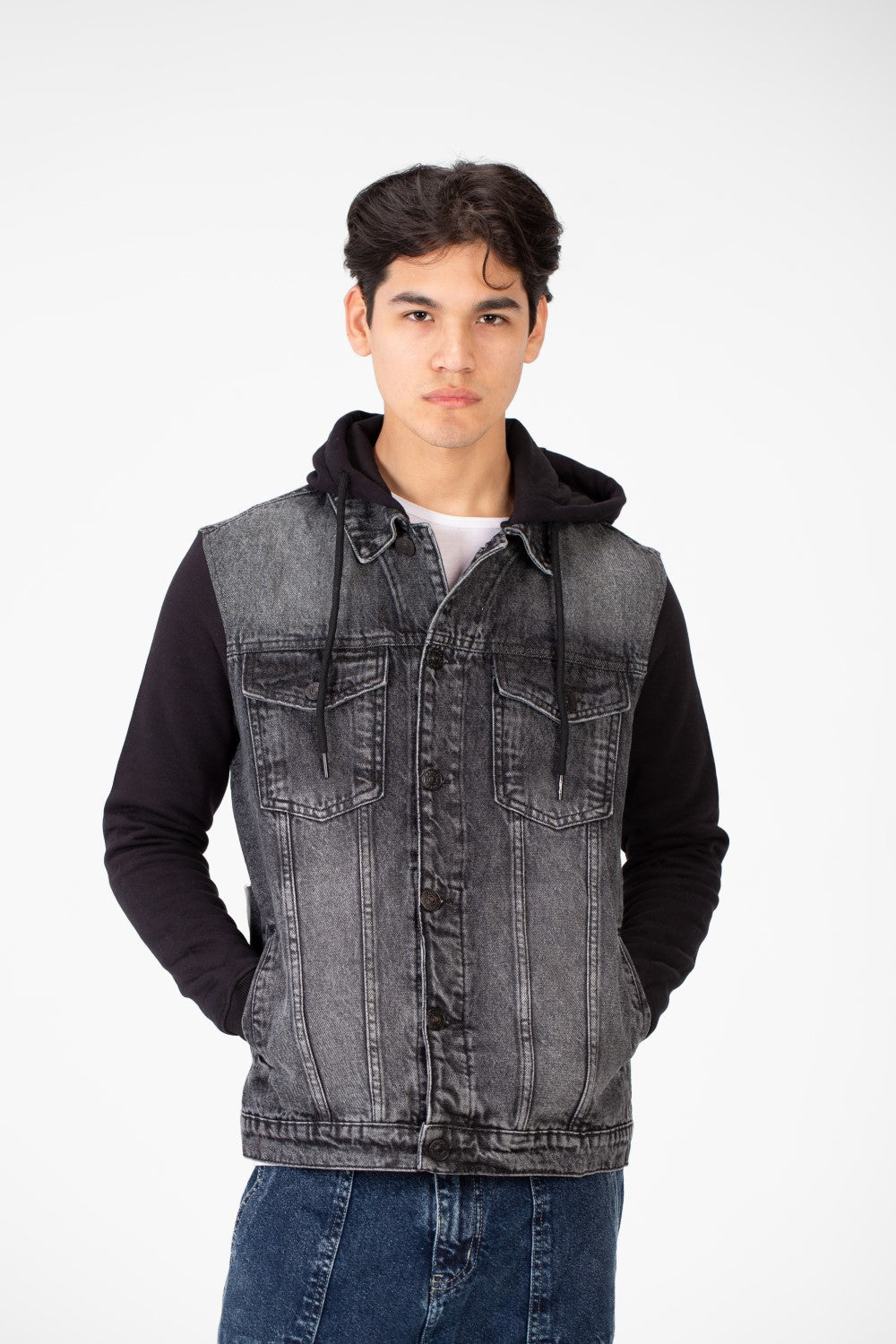 Men's Back Text Print Denim Jacket With Melton Sleeves And Hood