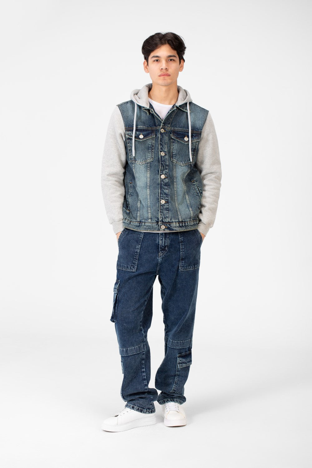 Men's Back Text Print Denim Jacket With Melton Sleeves And Hood