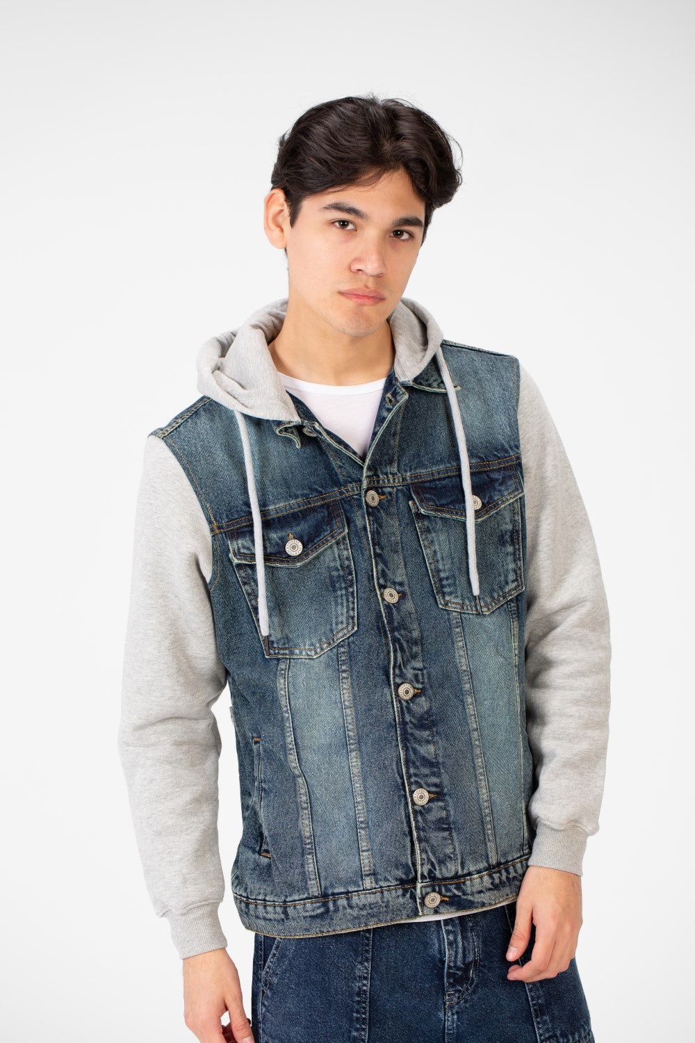 Men's Back Text Print Denim Jacket With Melton Sleeves And Hood