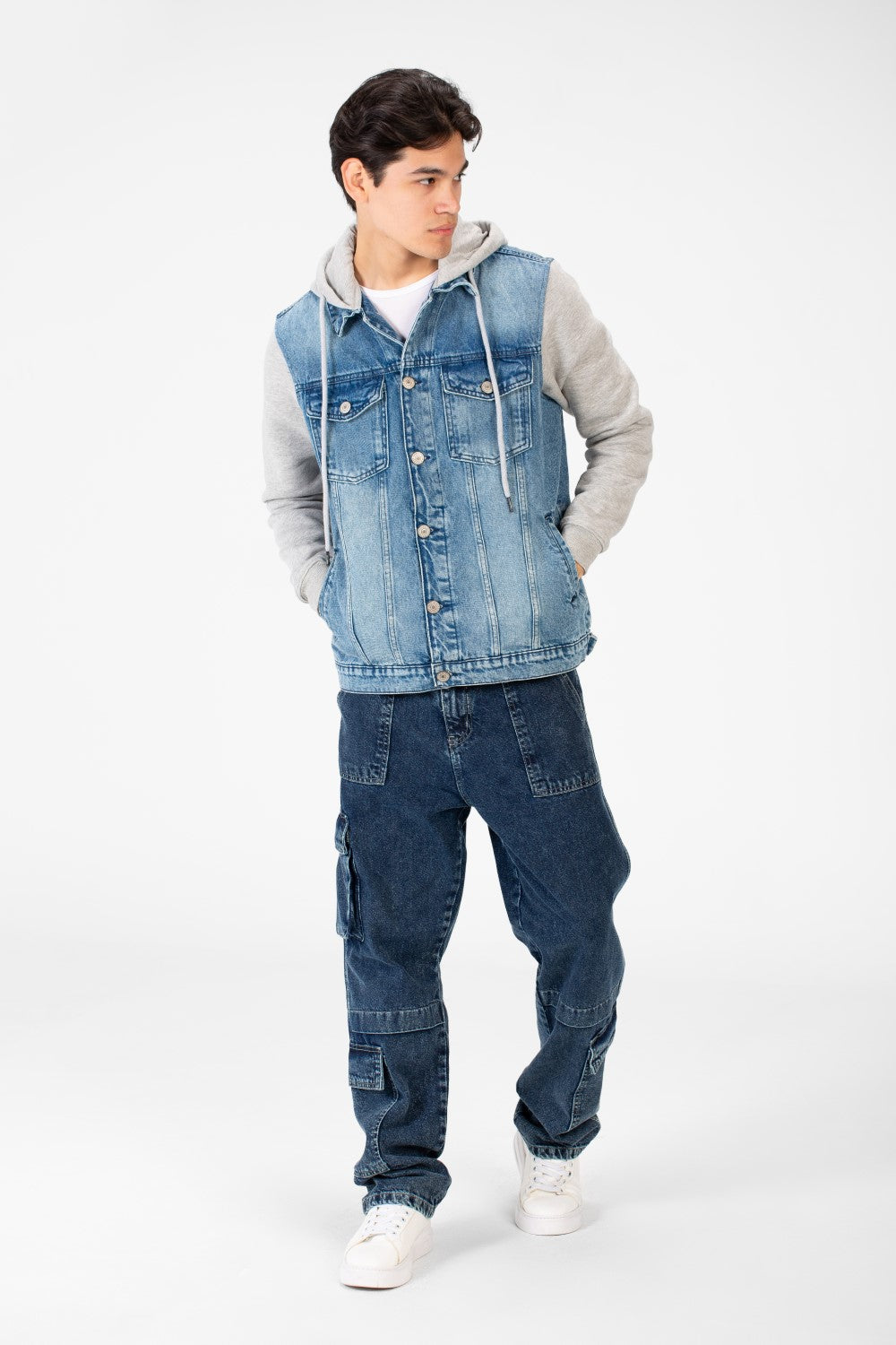Men's Back Text Print Denim Jacket With Melton Sleeves And Hood
