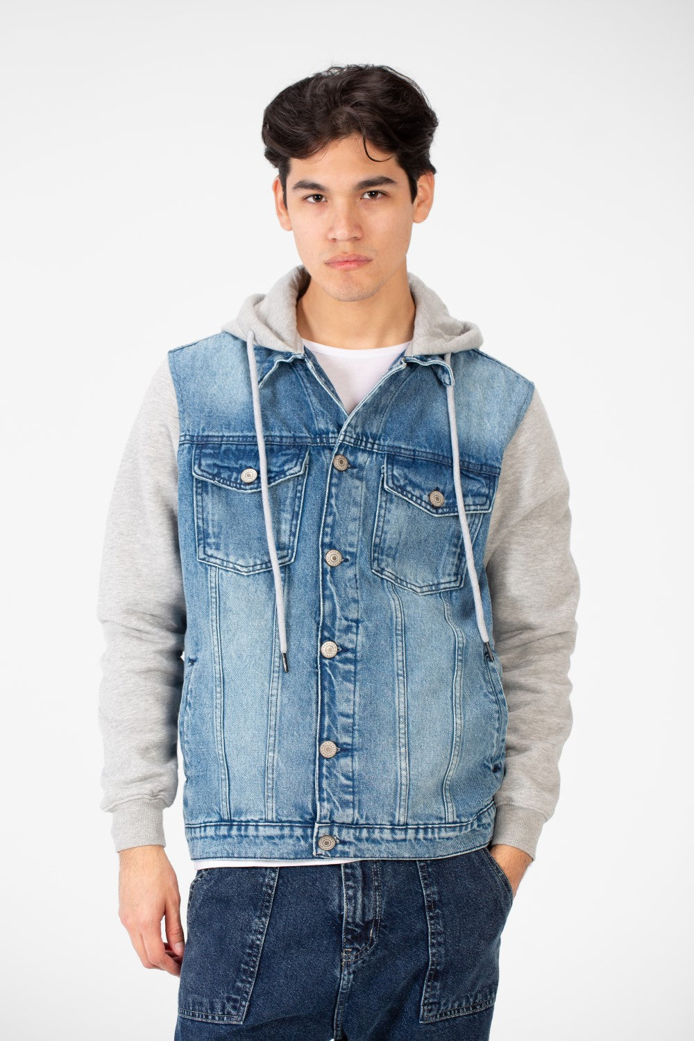 Men's Back Text Print Denim Jacket With Melton Sleeves And Hood