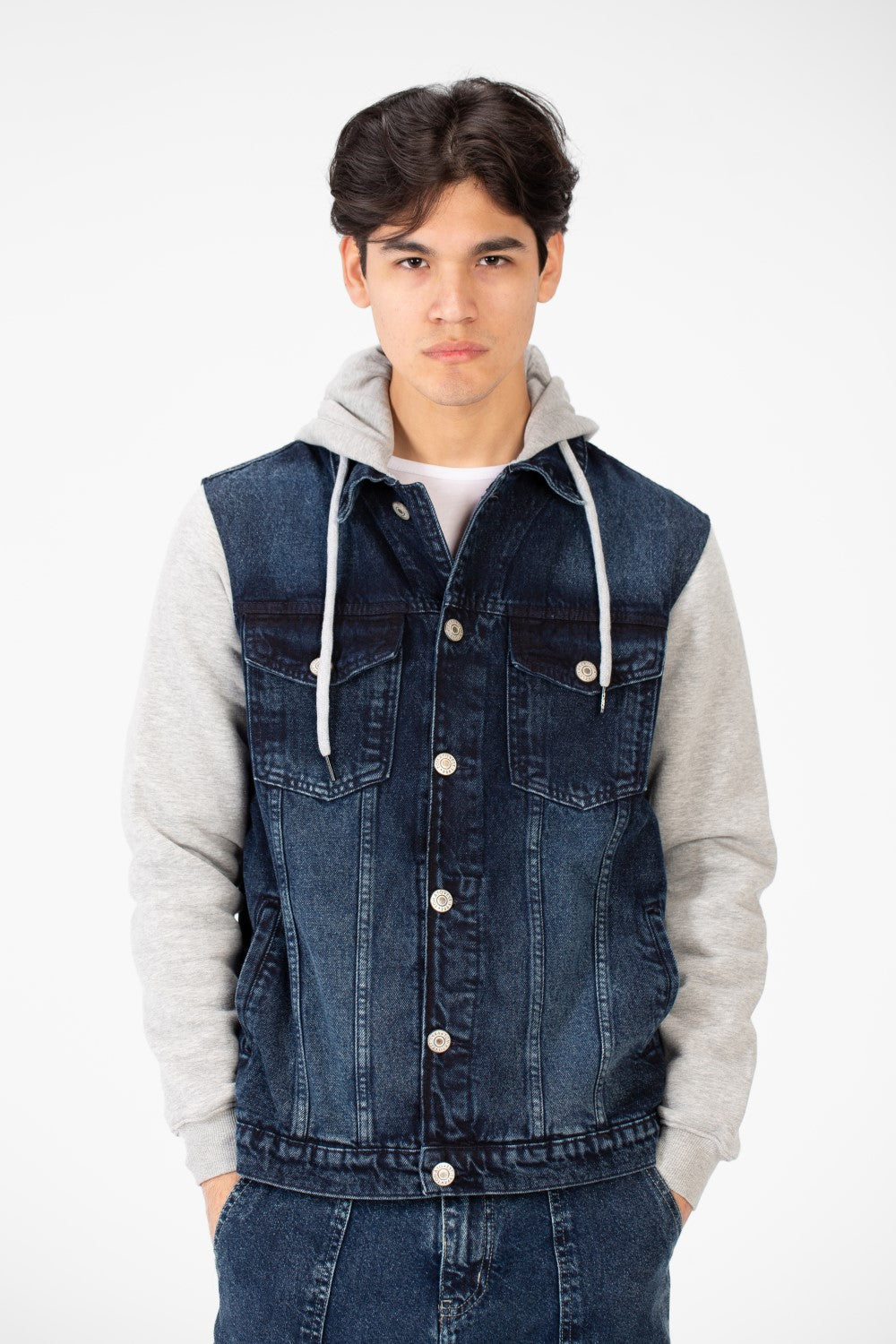 Men's Back Text Print Denim Jacket With Melton Sleeves And Hood