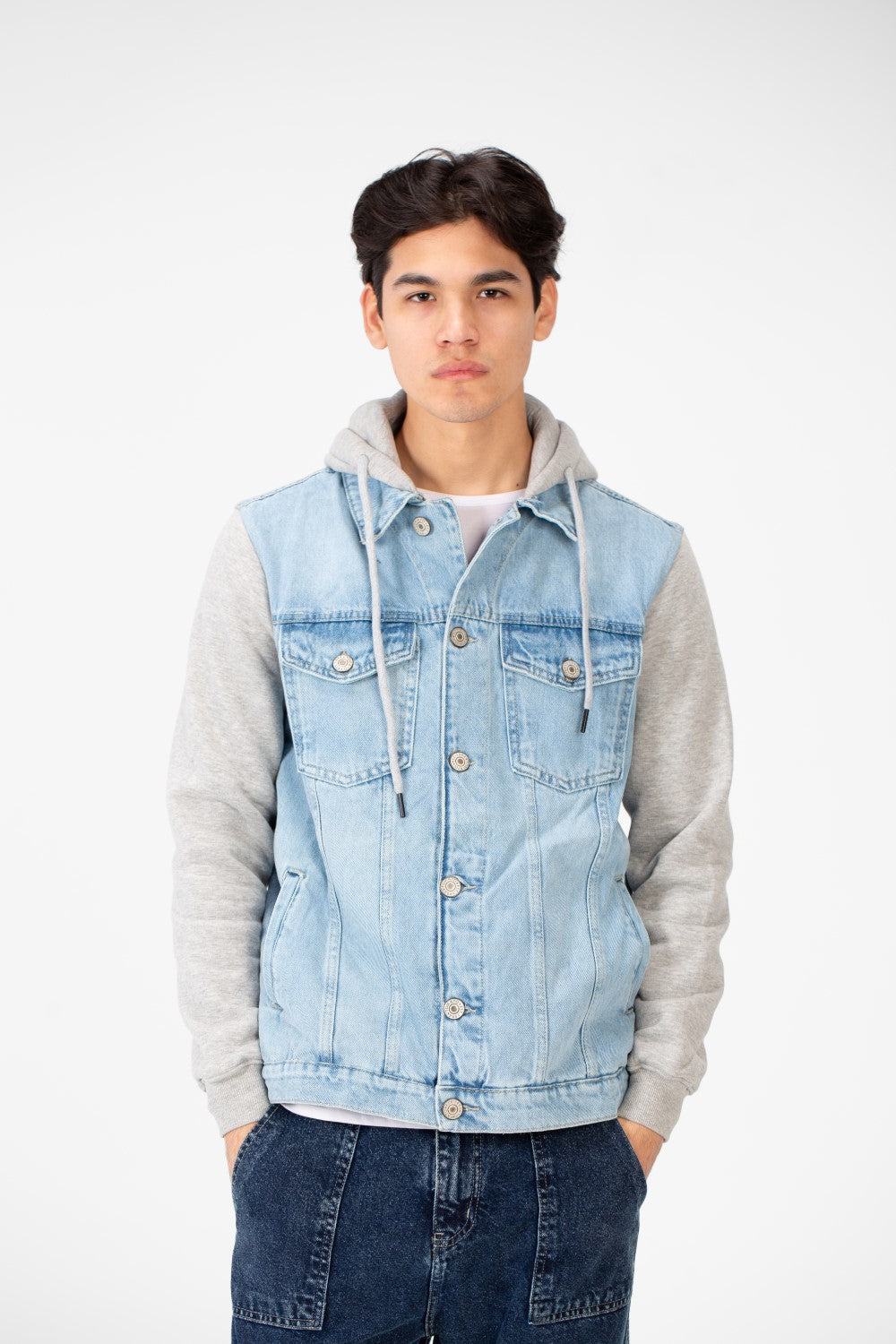 Men's Back Text Print Denim Jacket With Melton Sleeves And Hood